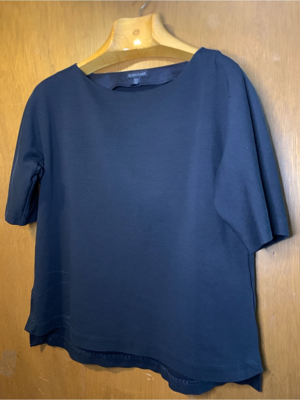 Eileen Fisher Black Cross Hatch Stretch Jersey Crew Neck Top